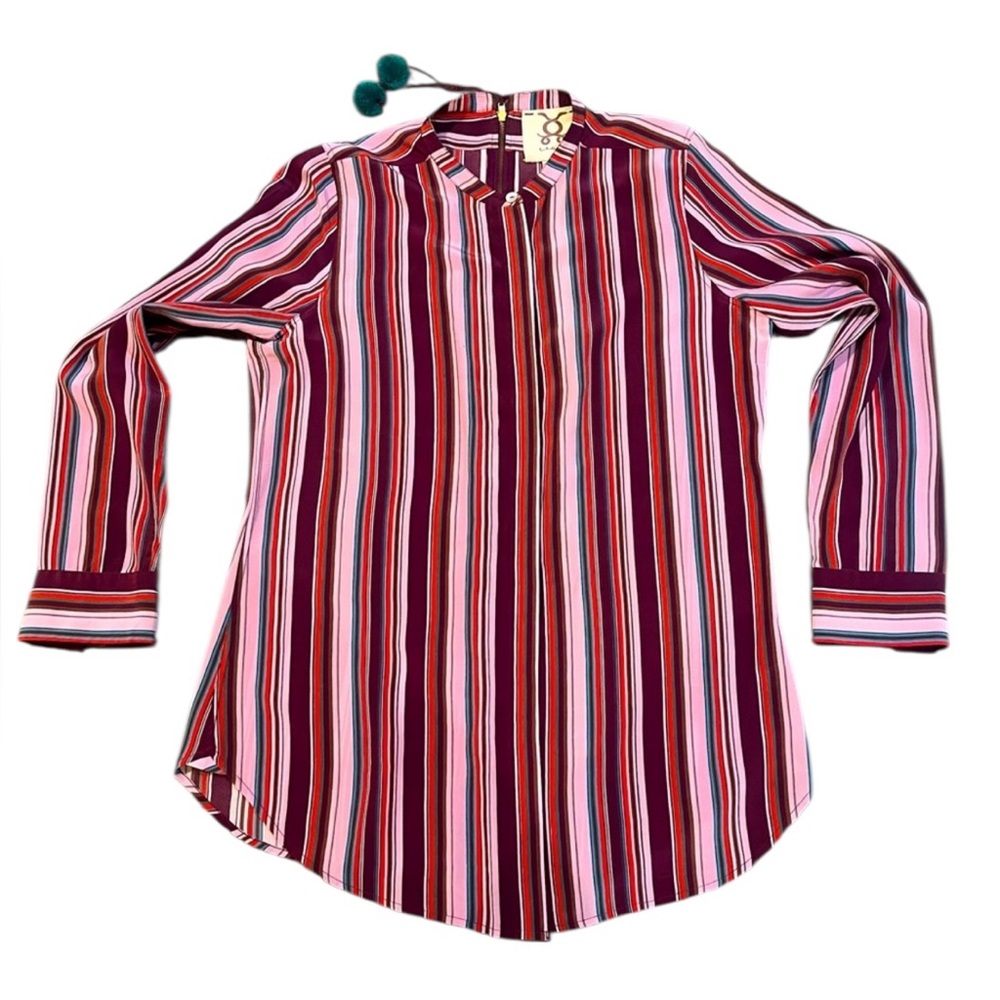 Figue Silk Vibrant Purple, Red, Teal & Pink Striped Long Sleeve Blouse Small